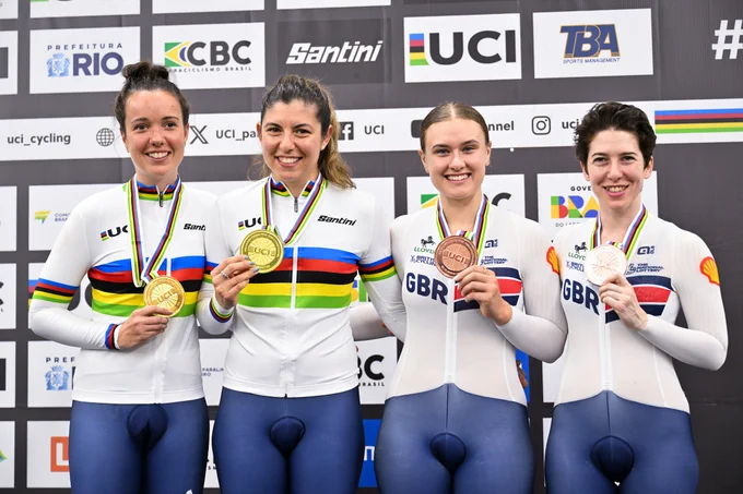 Great Britain's women tandem pairs at the 2025 Para-cycling Track World Championships in Rio de Janeiro, Brazil. Left to right: Lizzi Jordan and pilot Danni Khan (gold); pilot Jenny Holl and Sophie Unwin (bronze).