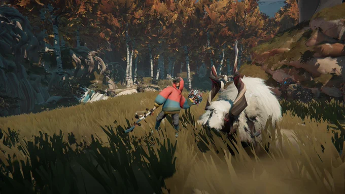 Image frame: The 43th annual Golden Joystick Awards. VOTE NOW. Goldenjoysticks.com. Beneath the frame is a Herdling screenshot showing Via and a calicorn at a campsite. Via is throwing a ball for the calicorn 