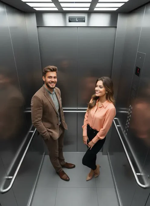 Prompt: Maintain the same subjects from Figures 1 and 2,Two fashionable people from uploaded photos standing close together inside a modern silver elevator with smooth metallic walls. Captured from a high angle, they look up at the camera with confident, intense expressions. luxurious texture. creating clean reflections and a cinematic, stylish atmosphere, with only the reflective silver metal elevator as the background.