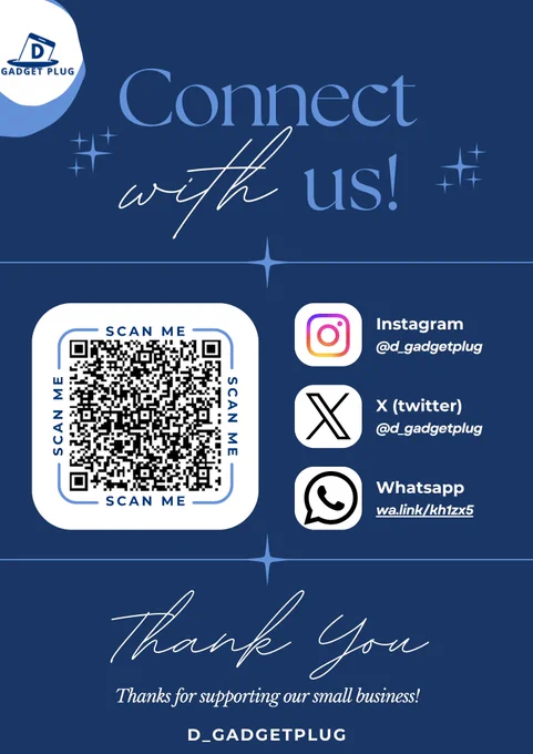 D Gadget Plug social media flyer with QR code and links to Instagram, Twitter, and WhatsApp for easy connection and tech updates.