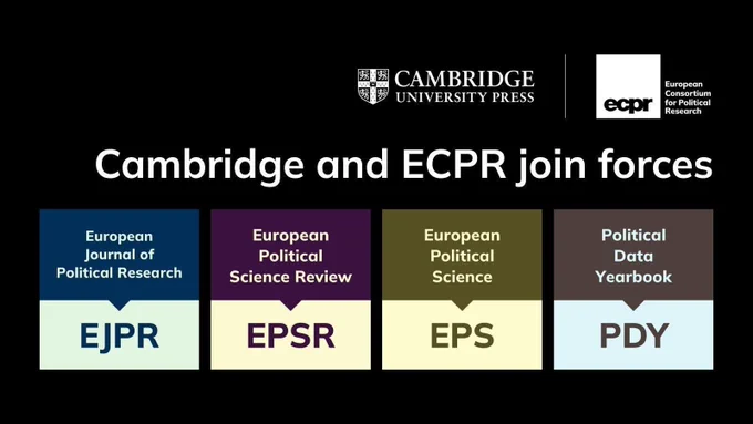 Colourful EJPR, EPSR, EPS and PDY logos against a black background. Cambridge and ECPR logos in white are in the top right corner. Text reads: Cambridge and ECPR join forces.