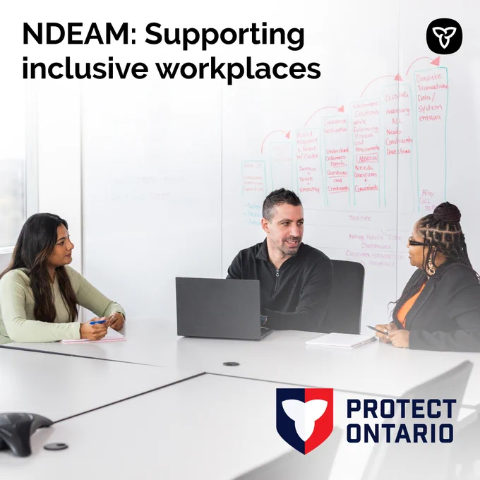 Three adults sitting in an office setting. Text reads: NDEAM: Supporting inclusive workplaces.