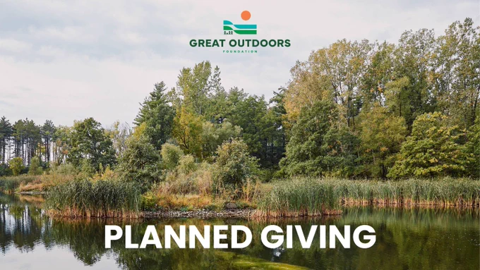 Serene lake surrounded by lush green trees under a cloudy sky, promoting planned giving for Great Outdoors Foundation.