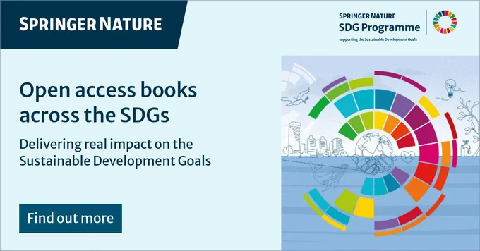 Springer Nature SDG Programme supporting sustainable development goals, promotes open access books. The visual includes a colorful SDG wheel, line drawings of cityscapes, nature, and hands cradling the earth.