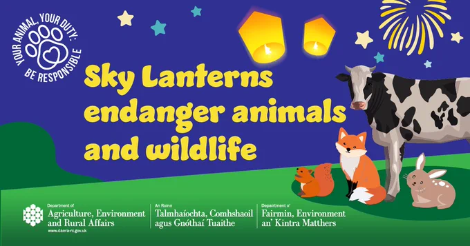 Image of a lantern and some animals reads: sky lanterns endanger animlals and wildlife (in yellow writing)