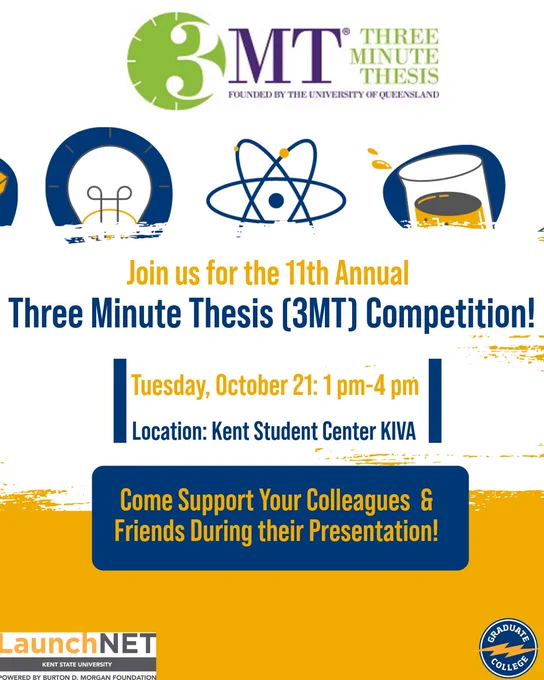 A flyer for the Kent State Three Minute Thesis Competition on Tuesday, 10/21/25 from 1 pm-4 pm in the KSC KIVA.