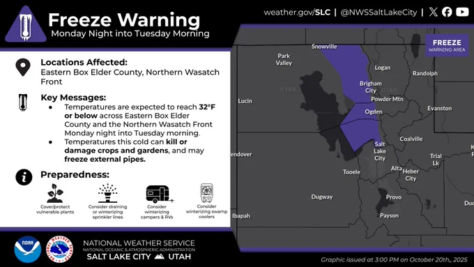 A graphic detailing a freeze warning for the northern Wasatch Front and eastern Box Elder County. Take action now to protect sensitive plants, people, pets, and pipes.