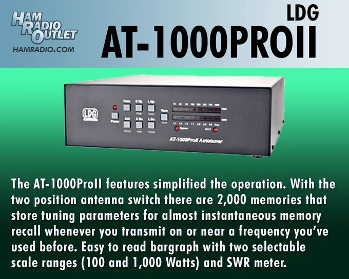 Picture of LDG AT-1000PROII
https://hro.net/aGdEY3MxQzF
Has a large, easy to read bargraph with two selectable scale ranges (100 & 1,000W) as well as SWR meter. Interfaces with many popular transceivers' TUNE button.
All products here: https://www.hamradio.com