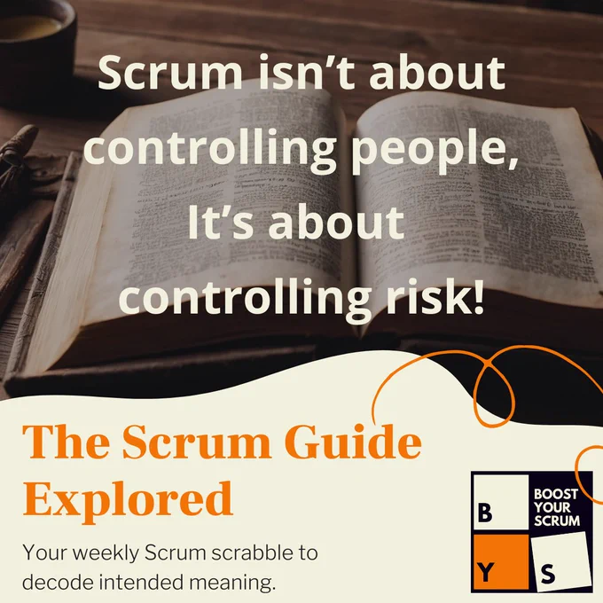 Open book on wooden table with quote about Scrum controlling risk, not people, and text promoting weekly Scrum guide insights.