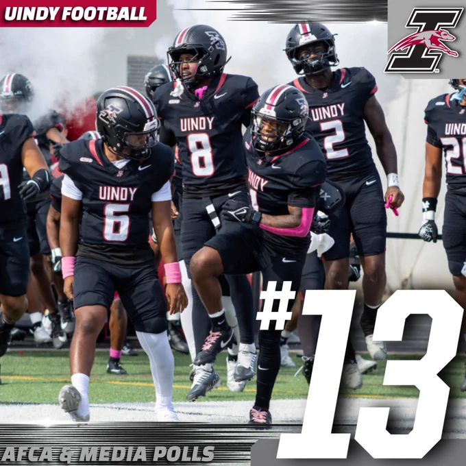 A graphic promoting UIndy football's number 13 position in both the AFCA DII Coaches Poll and the D2Football.com Media Poll. The featured picture shows the team coming out onto the field prior to the home game versus Lincoln on Oct. 18, 2025.