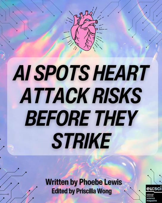 Holographic background with a digital circuit pattern. Central text reads, "AI Spots Heart Attack Risks Before They Strike," with an illustrated heart above and EuSci logo in the bottom right corner
