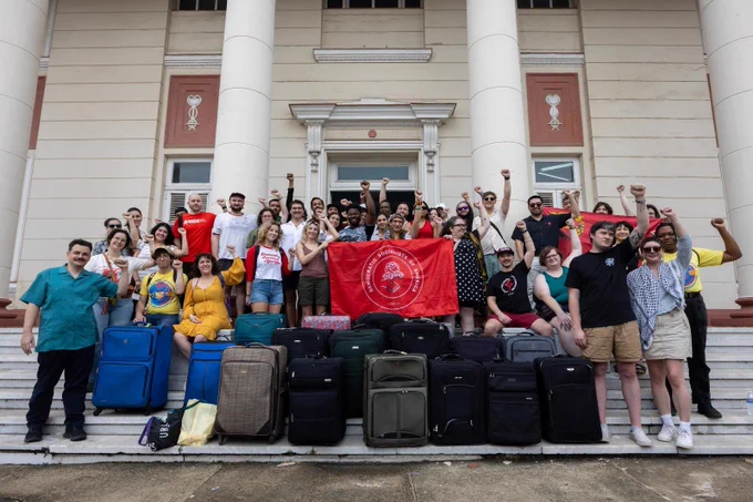 the delegation on the steps of Calixto García hospital with our medical supplies donations 