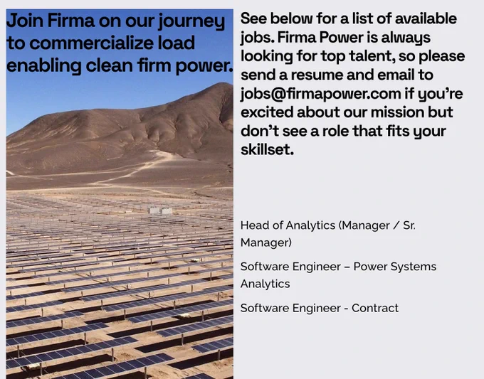 Join Firma Power on our journey to commercialize load-enabling clean firm power. See our post for a list of available jobs.
