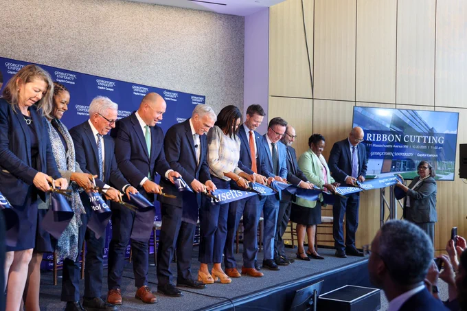 Cutting the ribbon for Georgetown University's new space at 111 Massachusetts Ave NW.