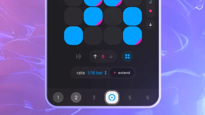 Bottom half of Android app Polaris in portrait view, grid of squircles in highlighted colors, pattern selection interface, and extend option with rate control set to 1/16 of a bar, pattern chaining at bottom.