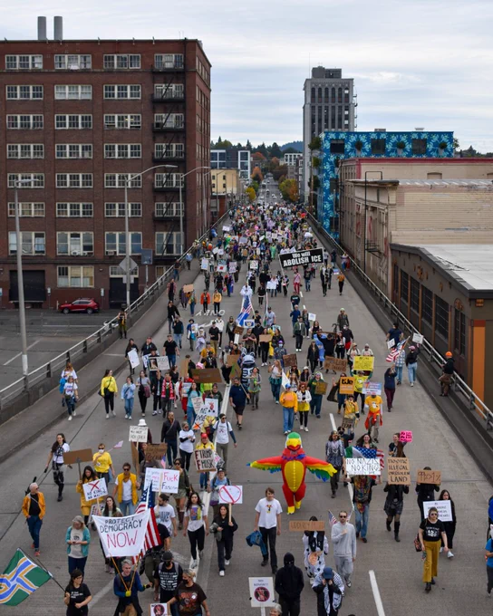 Portlanders marching over the Morrison Bridge, peacefully during the second No Kings protest on Saturday, Oct. 18, 2025.