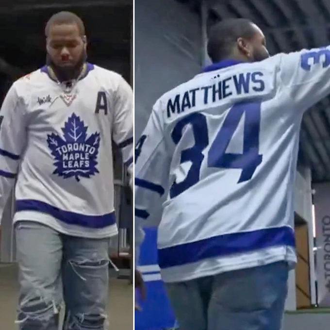 Two screenshots from a video of Vladdy Jr. walking into Rogers Centre. He's wearing a Auston Matthews No. 34 Maple Leafs jersey.