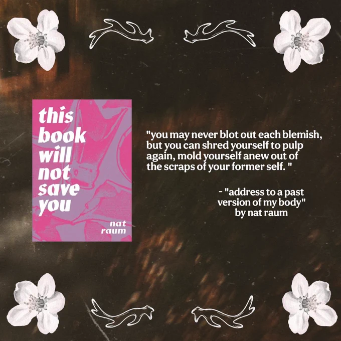 "you may never blot out each blemish,
but you can shred yourself to pulp
again, mold yourself anew out of
the scraps of your former self." 
- from "address to a past version of my body" by nat raum