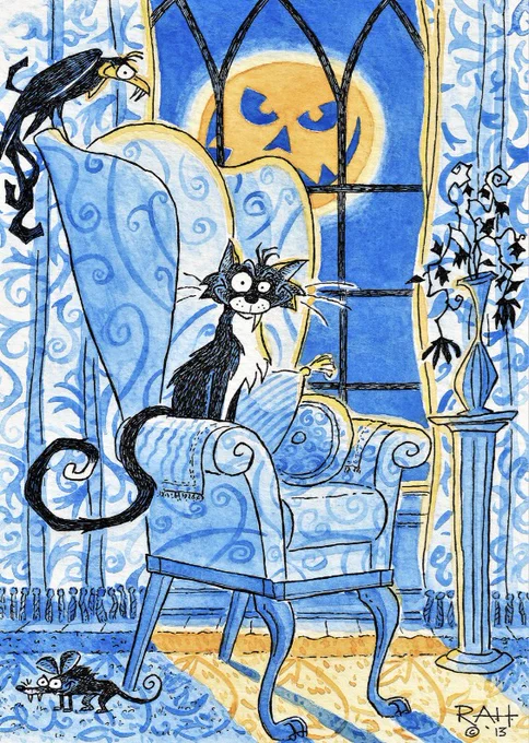 'Fang', the snaggletoothed tuxedo cat, is at home with a couple of loyal, yet untrustworthy friends (or fiends?): a crow and a rat. The full moon shines through the gothic window. This particular full moon, however, is a giant grinning pumpkin! It's all quite eerie, yet in a sinisterly gleeful way, suitable for year-round viewing. Drawn in black India ink with predominantly blue and orange watercolor washes.