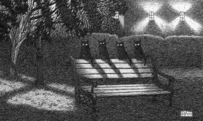 Here we have four mysterious, furtive and highly suspicious-looking black cats with glowing eyes, sitting together on a park bench, late at night, under the light from a lamppost. Are they plotting something nefarious - or just mischievous? Or, has the deed already been done? Or do they just look guilty? This is an exercise in atmospheric light and shadow and strong contrasts. A black & white drawing.