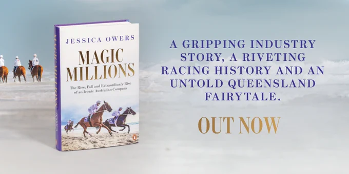 A book with some text in blue and gold lettering, on a beach with three horses and jockeys in the background wading through water.