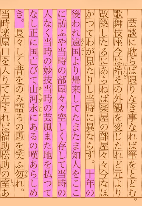 十年の後われ遠国《えんごく》より帰来してたまたま知人をここに訪ふや当時の部屋々々空しく存して当時の人なく当時の妙技当時の芸風また地を払つてなし正に国亡びて山河《さんが》｜永《とこしえ》にあるの嘆あらしめき。