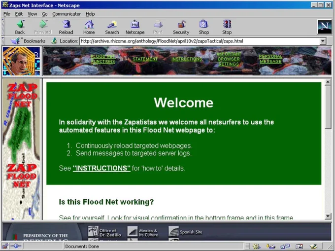 Capture d’écran du site FloodNet affiché dans Netscape, avec le message de bienvenue en soutien aux Zapatistes
