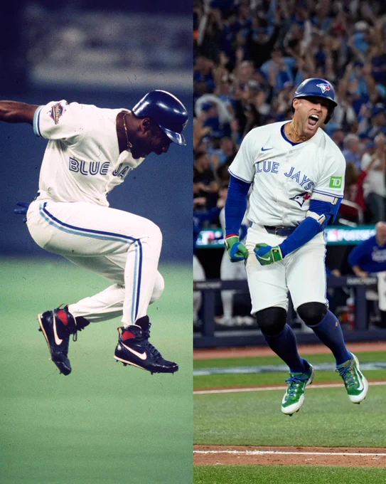 Left, Joe Carter jumps after hitting a walk-off home run in the 1993 World Series wearing a white Toronto Blue Jays uniform. Right, George Springer jumps after hitting a three-run go-ahead home run in Game 7 of the 2025 ALCS wearing a white Toronto Blue Jays uniform.