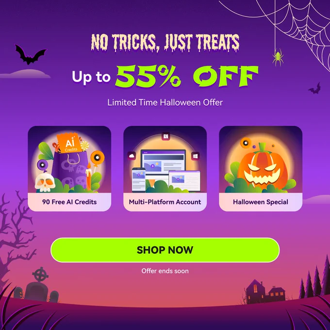 👻 Translate your videos this Halloween!
🧙‍♀️ Up to 55% OFF   90 FREE credits 🎁
🕸️ Halloween exclusive deal for video translation lovers!