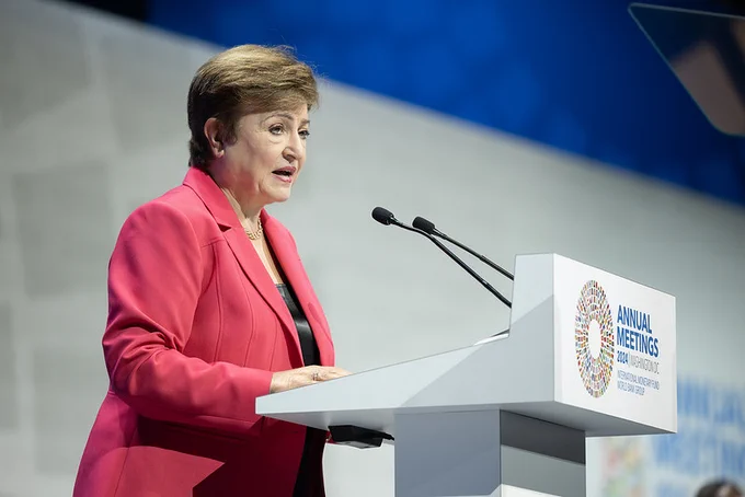 MF Managing Director Kristalina Georgieva speaks at the 2024 World Bank and IMF Annual Meetings in Washington DC. Photo: Grant Ellis/World Bank.
