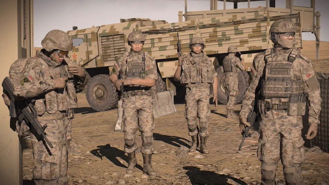 PLA soldiers in arid environment.