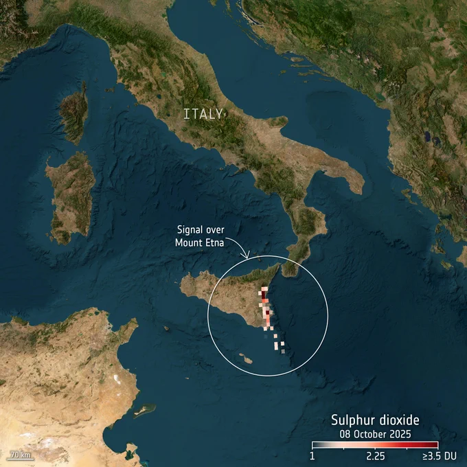 This image presents a vertical column density of sulphur dioxide. A distinct plume can be seen emerging from Mount Etna in Italy and drifting south-eastwards over the sea. Although Etna is currently relatively calm, much larger plumes are typically observed during periods of heightened volcanic activity.

In addition to natural emissions from volcanoes, sulphur dioxide is also released through human activities, particularly from ships burning high-sulphur fuels and power plants using brown coal.
