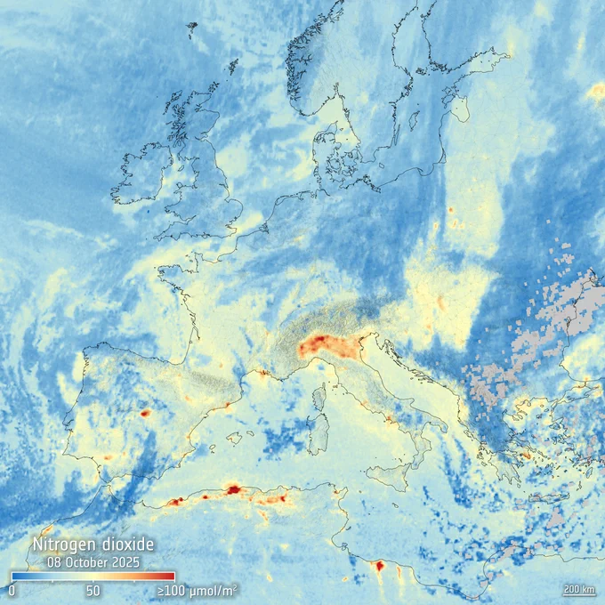 The new Copernicus Sentinel-4 mission has delivered its first images, highlighting concentrations of atmospheric nitrogen dioxide, sulphur dioxide and ozone. Despite being preliminary, these images mark a major milestone in Europe’s ability to monitor air quality all the way from geostationary orbit, 36 000 kilometres above Earth.

This image depicts tropospheric nitrogen dioxide with clear pollution hotspots visible along the Mediterranean coast and over Italy’s Po Valley.