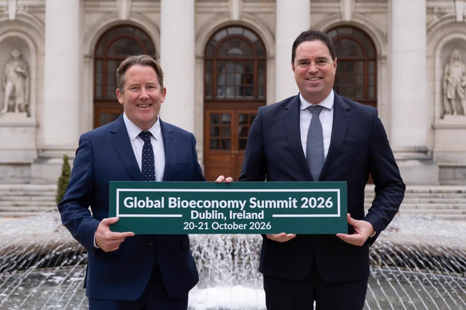 Minister Martin Heydon and Minister Darragh O'Brien promoting the Global Bioeconomy Summit 2026 at Government Buildings.