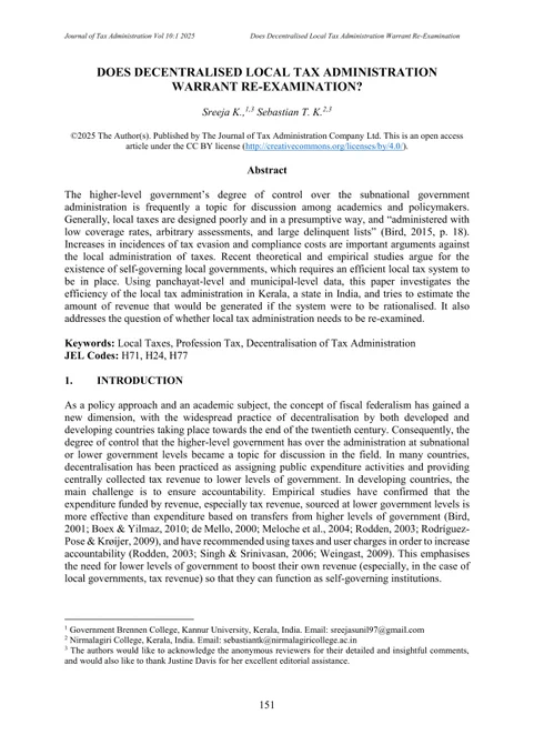 First page of "Does Decentralised Local Tax Administration Warrant Re-Examination?" by Sreeja K. & Sebastian T. K., published in issue 10(1) of the Journal of Tax Administration