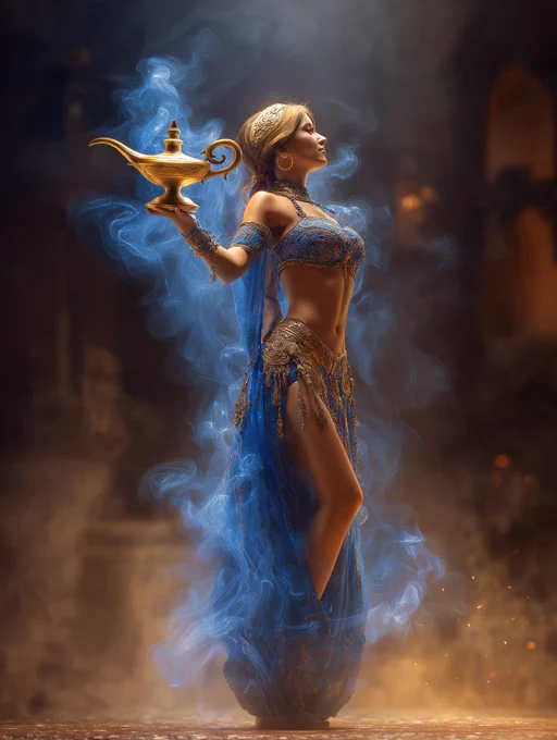 A beautiful female genie emerging from a golden lamp, surrounded by swirling blue smoke and warm glowing light.