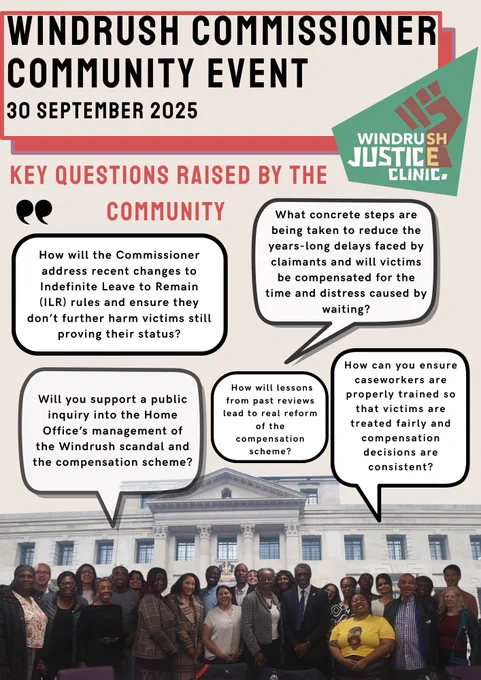 Infographic from the Windrush Commissioner Community Event (30 Sept 2025), highlighting key community questions and requests for reform, transparency, and justice.