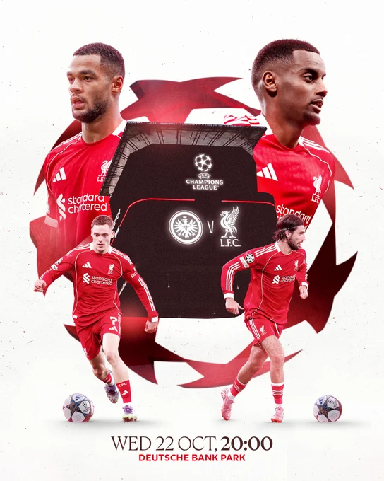 Matchday graphic for Eintracht Frankfurt vs Liverpool in the UEFA Champions League.

The match will take place on Wednesday 22nd October, 20:00 BST kick-off at Deutsche Bank Park.