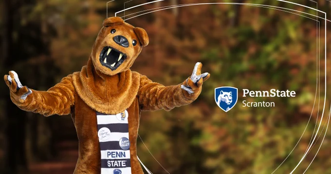 penn state scranton nittany lion mascot posing with arms stretched out in a welcoming friendly manner