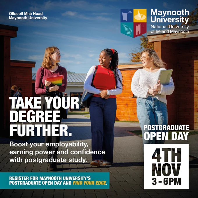 Poster for Maynooth University Postgraduate Open Day: Tuesday 4 November 2025, 3–6pm; register at mu.ie/edge.