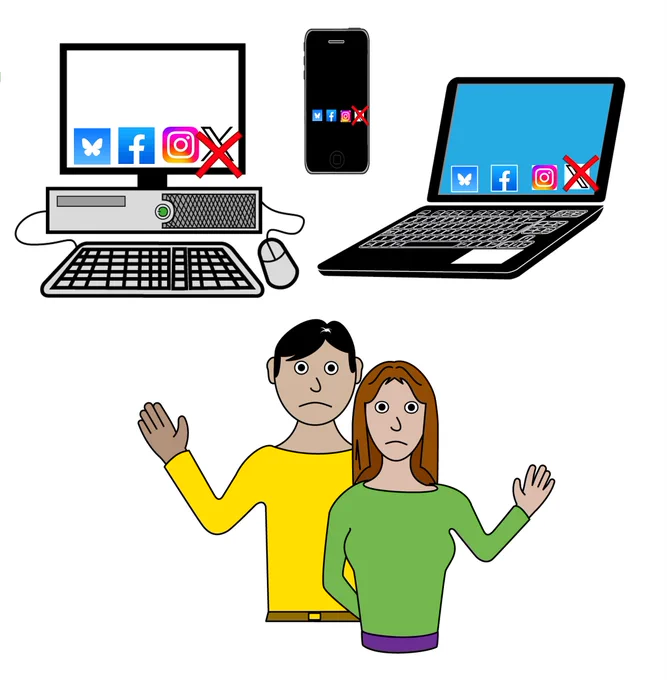 Images of a computer, mobile phone and laptop. On the screen of each is the logo for bluesky, facebook, instagram and X. There is a red cross through the X logo on each device. Below is a man and a woman looking sad and waving.
