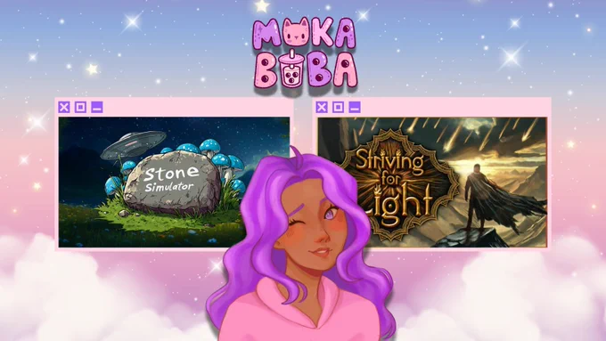 the background is a pastel sky with fluffy clouds and twinkly stars.
at the top is a hand drawn logo for mokaboba.
there are 2 game key arts in pink windows software-inspired borders: stone simulator and striving for light.
at the front is art of mokaboba. she has brown skin, purple hair, and purple eyes. she is wearing a pink hoodie and winking at the camera.