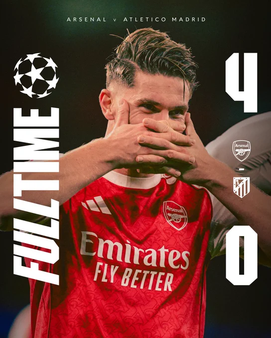 A full-time graphic showing the 4-0 scoreline with an image of Viktor Gyokeres.
