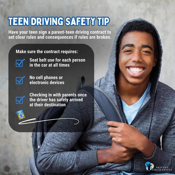 Smiling teen wearing a hoodie with a backpack slung over his shoulder. Three small checkmarked boxes emphasizing three points. Text reads “Teen Driving Safety Tip: Have your teen sign a parent-teen driving contract to set clear rules and consequences if rules are broken. Make sure the contract requires: Seatbelt use for each person in the car at all times. No cell phones or electronic devices. Checking in with parents once the driver has safely arrived at their destination.”