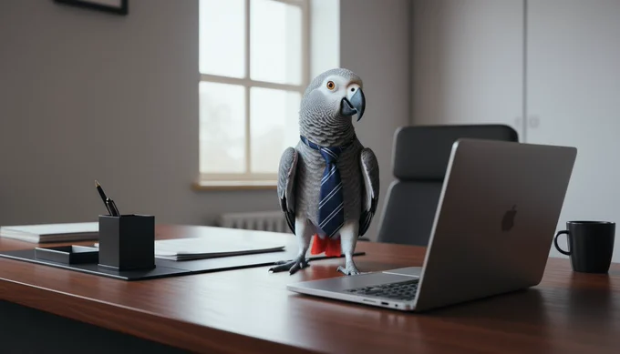 A parrot wearing a tie stands in an office, in front of an open laptop computer.