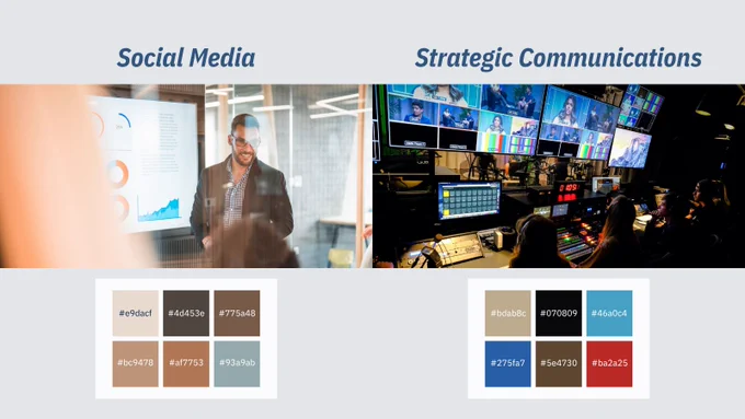 The image is divided into two sections. The left section features a man in a meeting room with a presentation showing graphs and charts on a screen behind him. The room has glass walls, and there is a soft orange glow in the foreground. The right section displays a control room filled with people seated at a large audio-visual console. Multiple screens are mounted on the wall, showing various news segments. The lower part of the image features two sets of color swatches, each with three rows and two colors. The left swatch accompanies the "Social Media" section, while the right swatch is linked to the "Strategic Communications" section.
