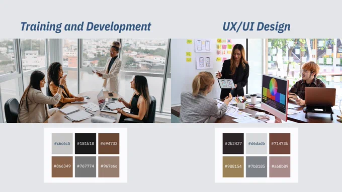 The image is split into two main sections, titled "Training and Development" on the left and "UX/UI Design" on the right, both written in bold, blue font.

On the left, a group of four people are seated around a conference table in a modern office with large windows, which reveal a cityscape in the background. One person stands, holding a piece of paper, addressing the others who are engaged with laptops and notepads.

On the right, three people collaborate around a table with various UX/UI design materials displayed on a wall. One person holds a tablet, possibly discussing concepts with another two, who are looking at a desktop monitor displaying a color wheel.

At the bottom are two color palettes. The left palette includes six shades of grey, black, and brown with corresponding hex codes: #c6c6c5, #181b18, #694732, #866349, #767774, #967e6e. The right palette features six colors with hex codes: #2b2427, #d6dadb, #71473b, #988154, #7b8185, #a68b89.