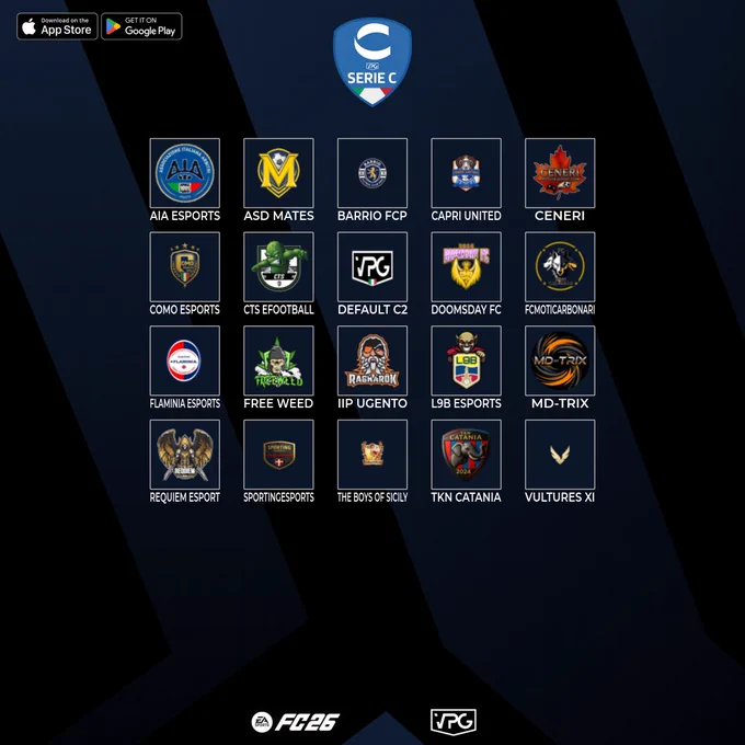 ⚽ WELCOME TO THE @VPGItaly Serie C2 🇮🇹
🎮 SIAMO TORNATI PER LA PRIMA STAGIONE SU @EASPORTSFC!
🗓️ MATCHDAYS: LUN/MAR/MER(Coppa)/GIO
⏰ 22:40 10 🇮🇹

📋 TEAM LIST:
@AIA_eSports 🇮🇹
@AsdMates 🇮🇹
@BarrioFCP 🇮🇹
@capri_united 🇮🇹
@ceneri_fc 🇮🇹
@comoeasports 🇮🇹
@_CTS_FOOTBALL_ 🇮🇹
@VPGItaly 🇮🇹
@DoomsDayFC2016 🇮🇹
@FCMotiCarbonari 🇮🇹
@FlaminiaEsports 🇮🇹
@FreeWeedProClub 🇮🇹
@iipugento 🇮🇹
@l9b_esports 🇮🇹
@MD__TRIX 🇮🇹
@Requiem_proclub 🇮🇹
@SportingEsports 🇮🇹
@TBS2017_ 🇮🇹
@TKNCatania 🇮🇹
@Vultures_XI 🇮🇹

BUONA FORTUNA A TUTTE LE SQUADRE!
📜 REGOLAMENTO: https://virtualprogaming.com/news/62015f2b99fba8f69709684a

#FC26 #VPG #ProClubs #EAFC
#WhereTheChampionsPlay