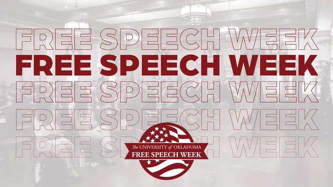 Banner reading "Free Speech Week" repeated in bold, white text on a red background, with the logo of "The University of Oklahoma Free Speech Week" at the bottom center.