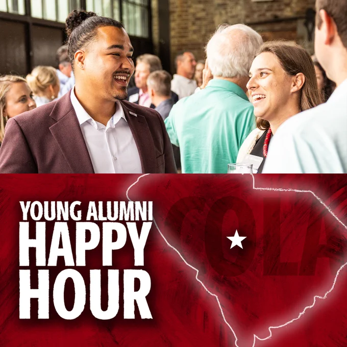 Two individuals conversing happily at a Young Alumni Happy Hour event, with a vibrant graphic design including a star and lightning effects.